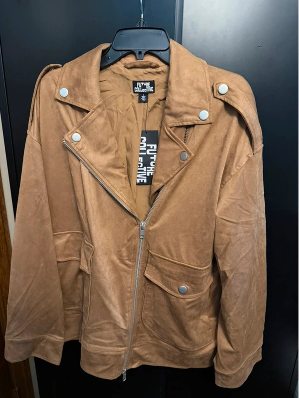 Future Collective Faux Suede Moto Jacket Tan Brown Size L NWT